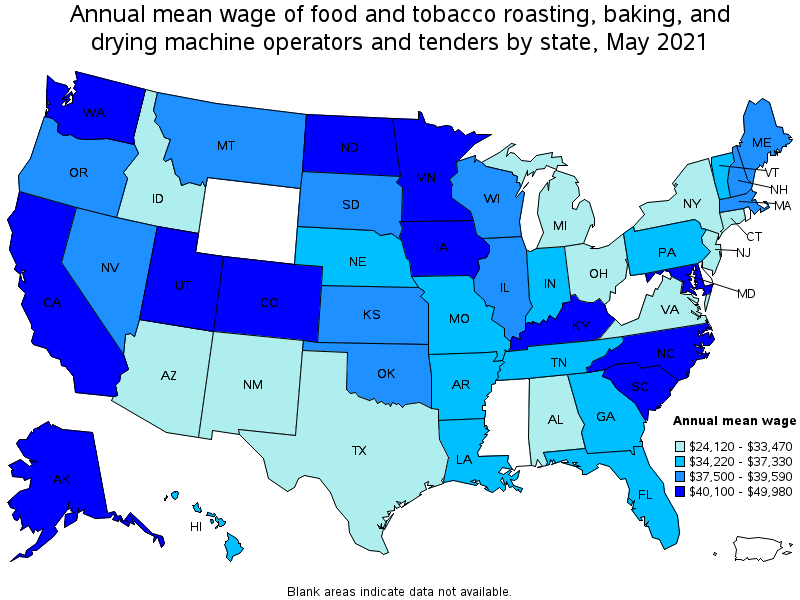 Map of annual mean wages of food and tobacco roasting, baking, and drying machine operators and tenders by state, May 2021
