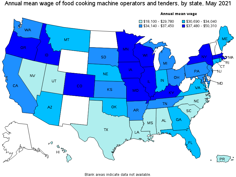 Map of annual mean wages of food cooking machine operators and tenders by state, May 2021