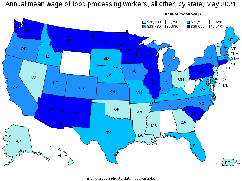 Map of annual mean wages of food processing workers, all other by state, May 2021