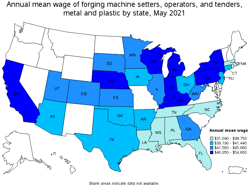 Map of annual mean wages of forging machine setters, operators, and tenders, metal and plastic by state, May 2021