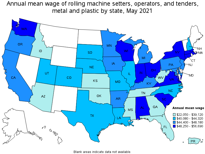 Map of annual mean wages of rolling machine setters, operators, and tenders, metal and plastic by state, May 2021