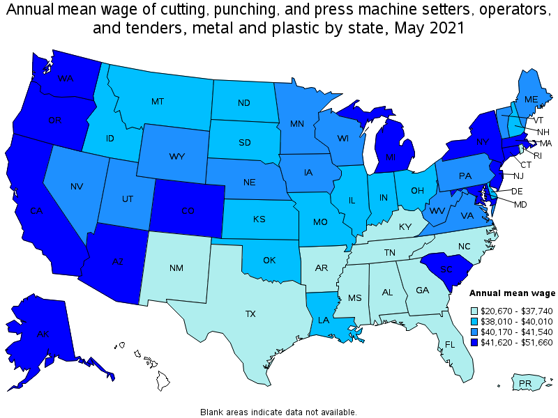 Map of annual mean wages of cutting, punching, and press machine setters, operators, and tenders, metal and plastic by state, May 2021