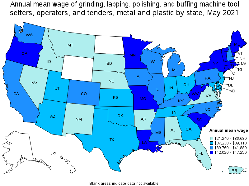 Map of annual mean wages of grinding, lapping, polishing, and buffing machine tool setters, operators, and tenders, metal and plastic by state, May 2021