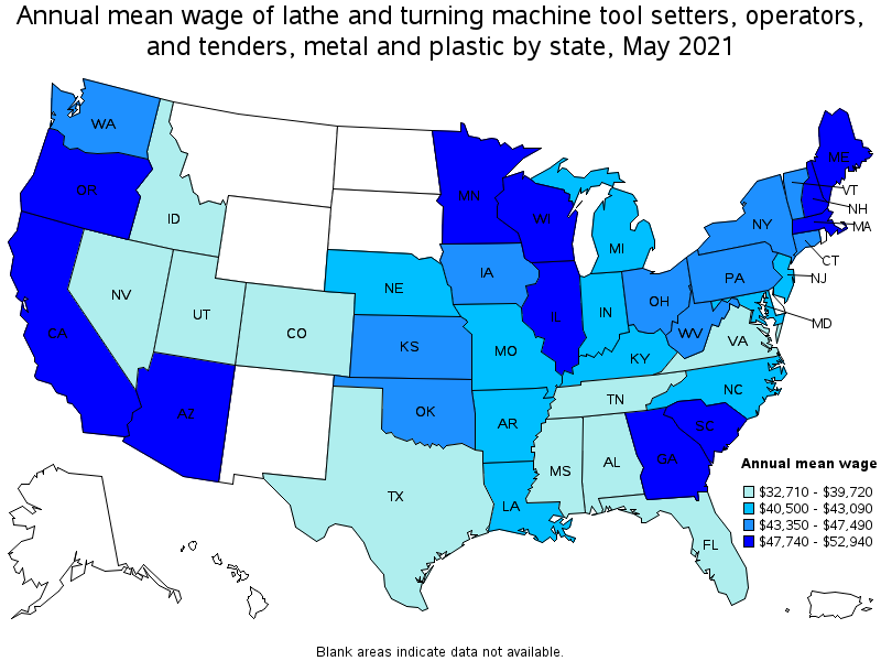 Map of annual mean wages of lathe and turning machine tool setters, operators, and tenders, metal and plastic by state, May 2021