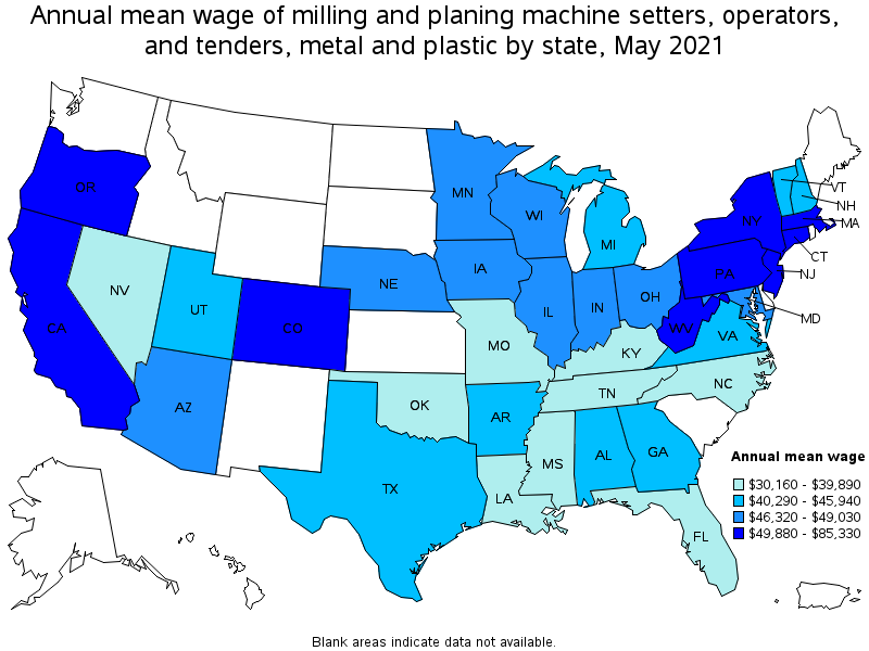 Map of annual mean wages of milling and planing machine setters, operators, and tenders, metal and plastic by state, May 2021