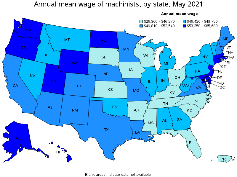 Map of annual mean wages of machinists by state, May 2021