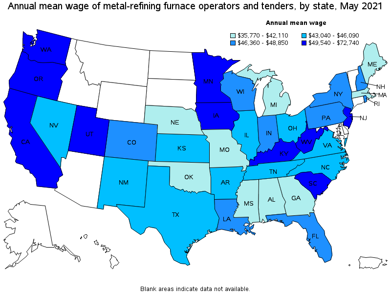 Map of annual mean wages of metal-refining furnace operators and tenders by state, May 2021