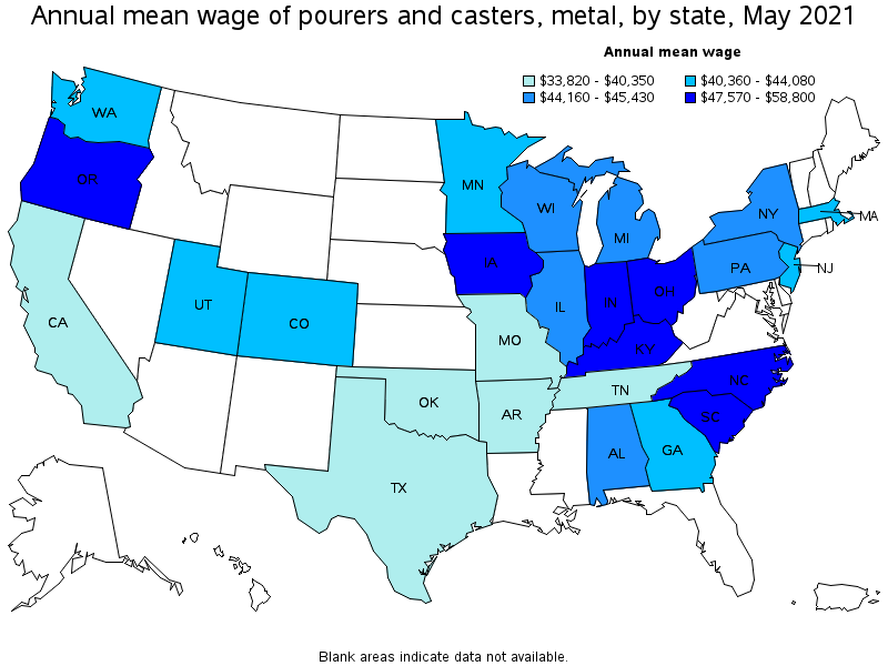 Map of annual mean wages of pourers and casters, metal by state, May 2021