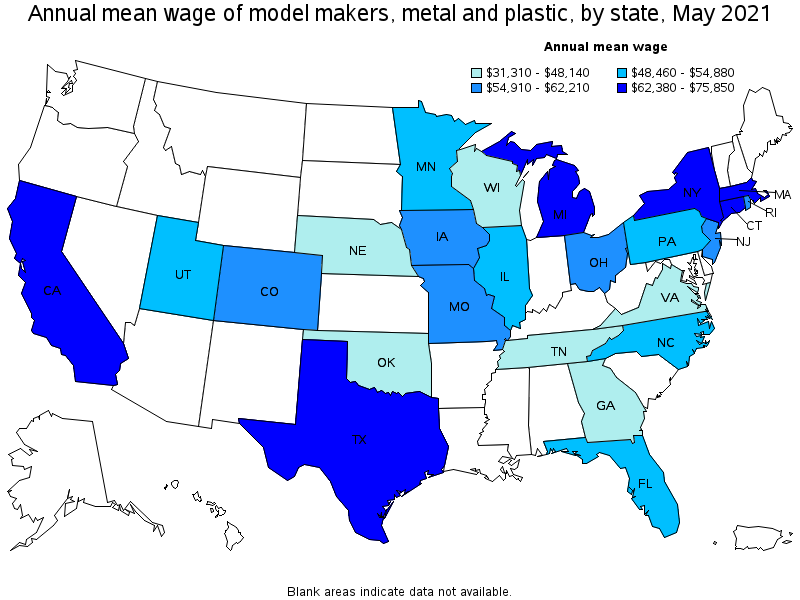 Map of annual mean wages of model makers, metal and plastic by state, May 2021