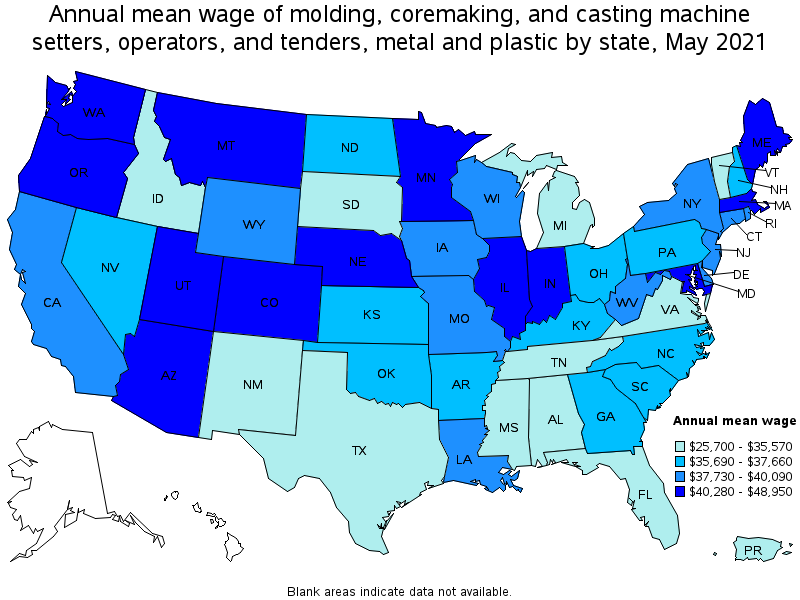 Map of annual mean wages of molding, coremaking, and casting machine setters, operators, and tenders, metal and plastic by state, May 2021