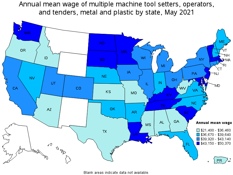 Map of annual mean wages of multiple machine tool setters, operators, and tenders, metal and plastic by state, May 2021