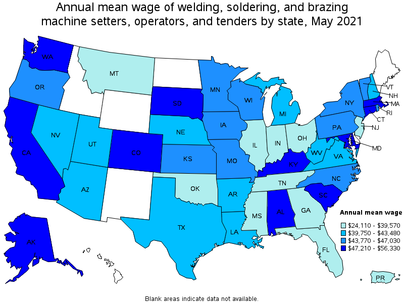 Map of annual mean wages of welding, soldering, and brazing machine setters, operators, and tenders by state, May 2021