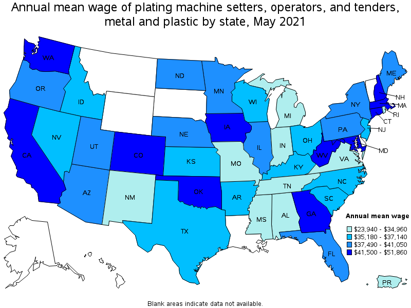 Map of annual mean wages of plating machine setters, operators, and tenders, metal and plastic by state, May 2021