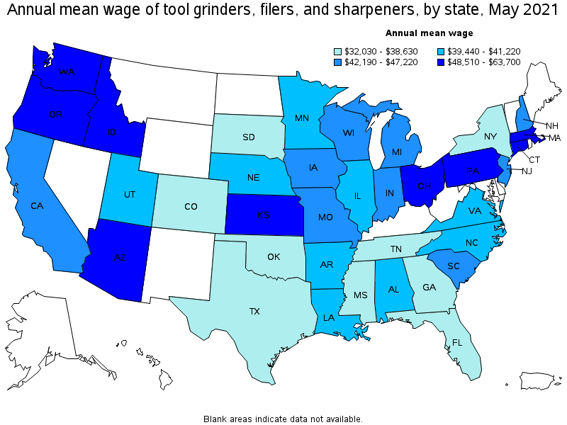 Map of annual mean wages of tool grinders, filers, and sharpeners by state, May 2021