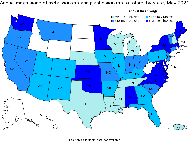 Map of annual mean wages of metal workers and plastic workers, all other by state, May 2021