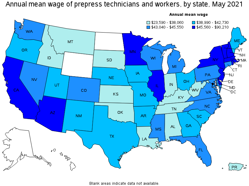 Map of annual mean wages of prepress technicians and workers by state, May 2021