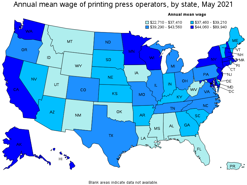 Map of annual mean wages of printing press operators by state, May 2021
