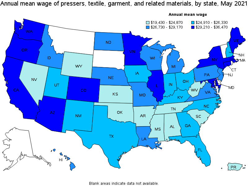 Map of annual mean wages of pressers, textile, garment, and related materials by state, May 2021