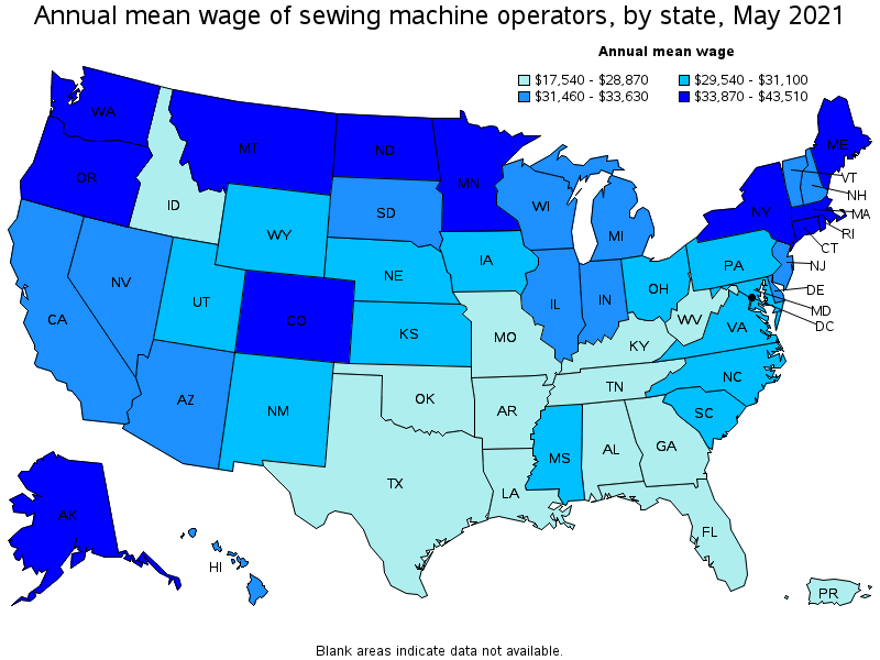 Map of annual mean wages of sewing machine operators by state, May 2021