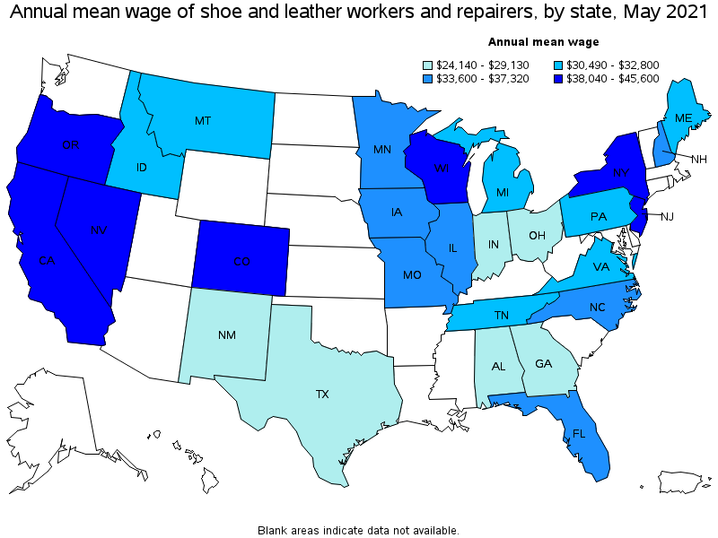 Map of annual mean wages of shoe and leather workers and repairers by state, May 2021