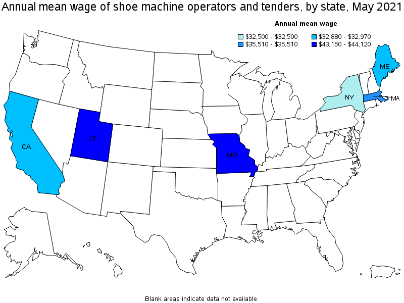 Map of annual mean wages of shoe machine operators and tenders by state, May 2021