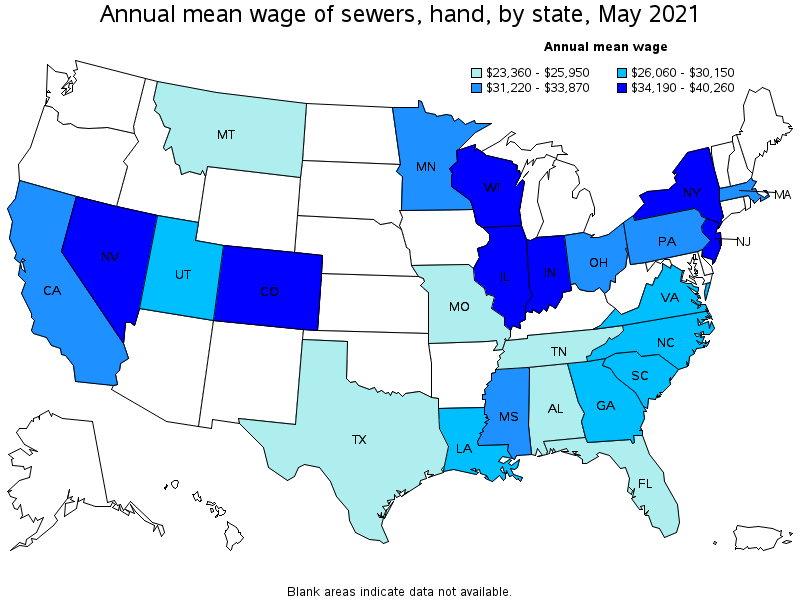Map of annual mean wages of sewers, hand by state, May 2021
