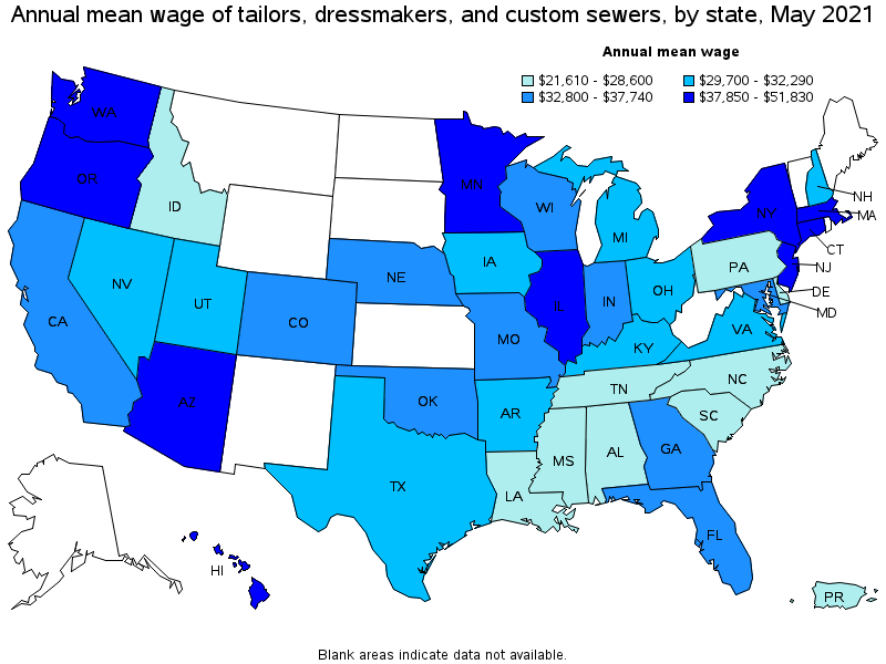 Map of annual mean wages of tailors, dressmakers, and custom sewers by state, May 2021
