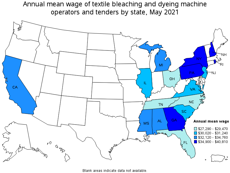 Map of annual mean wages of textile bleaching and dyeing machine operators and tenders by state, May 2021