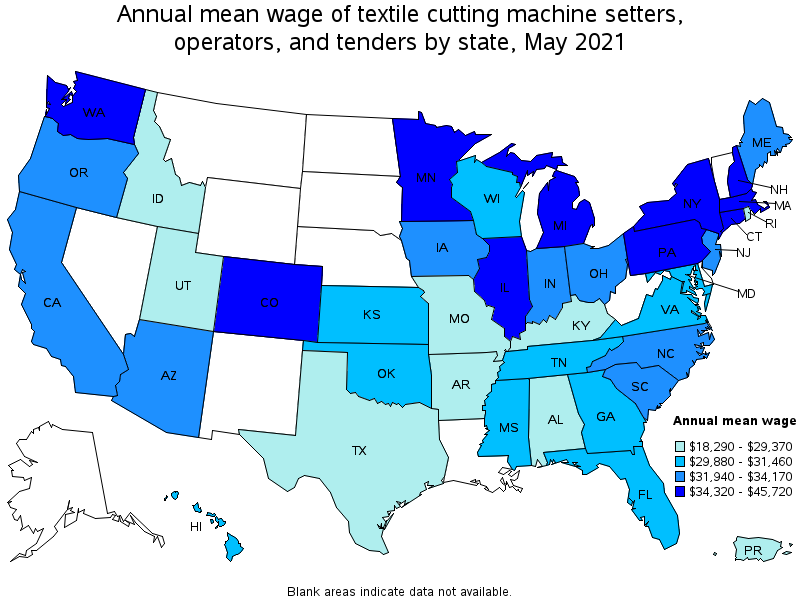 Map of annual mean wages of textile cutting machine setters, operators, and tenders by state, May 2021