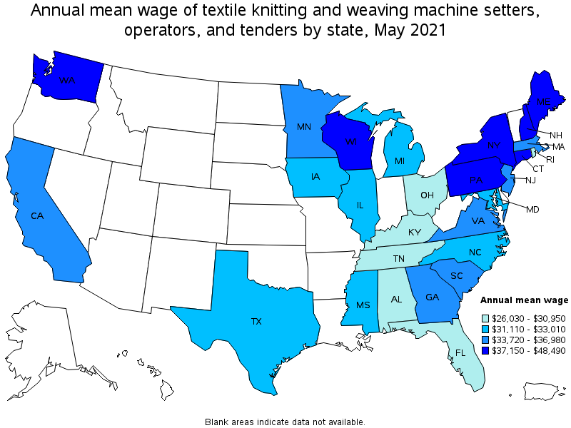 Map of annual mean wages of textile knitting and weaving machine setters, operators, and tenders by state, May 2021