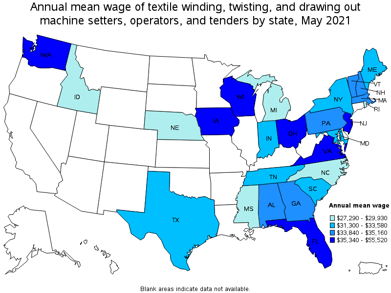 Map of annual mean wages of textile winding, twisting, and drawing out machine setters, operators, and tenders by state, May 2021