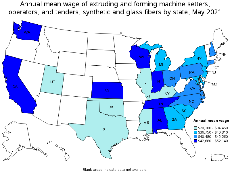 Map of annual mean wages of extruding and forming machine setters, operators, and tenders, synthetic and glass fibers by state, May 2021