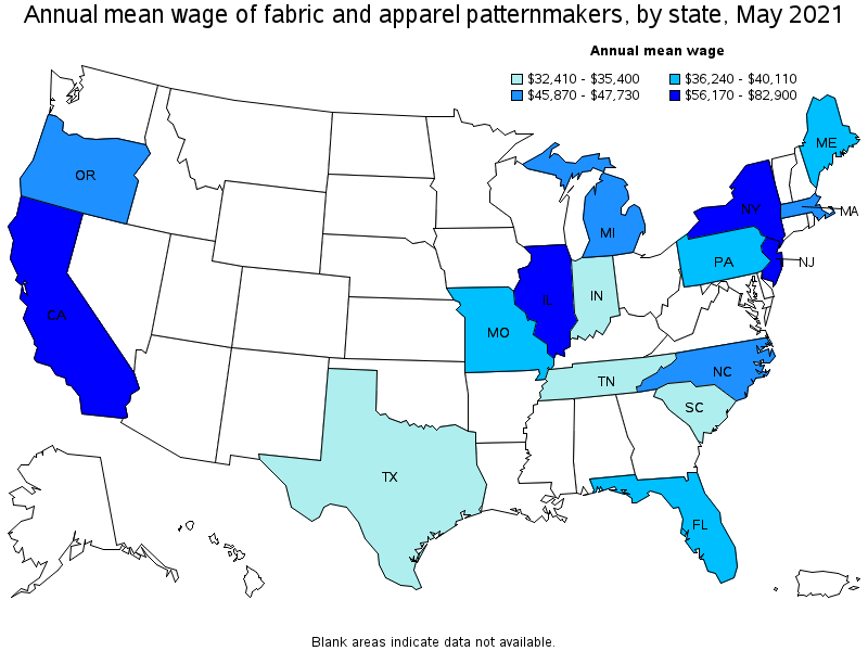 Map of annual mean wages of fabric and apparel patternmakers by state, May 2021
