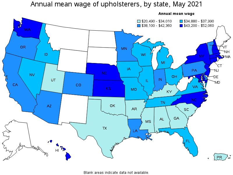 Map of annual mean wages of upholsterers by state, May 2021