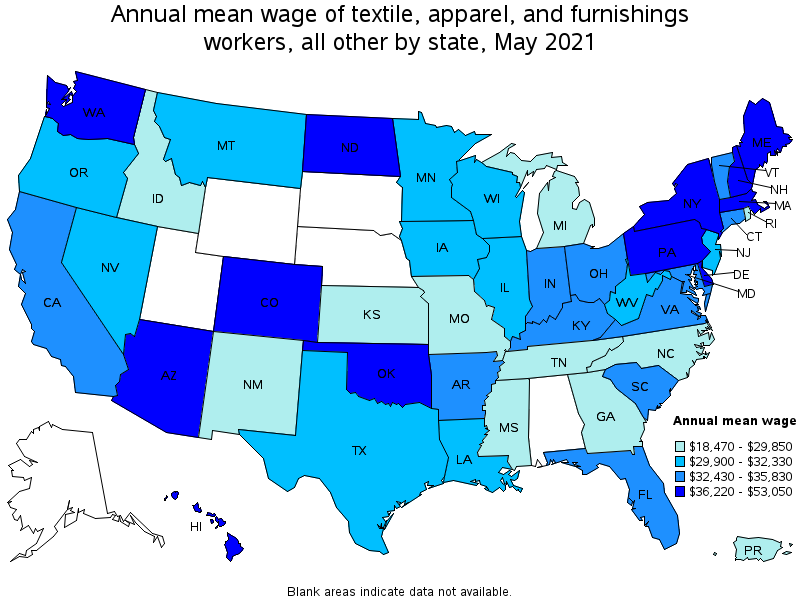 Map of annual mean wages of textile, apparel, and furnishings workers, all other by state, May 2021