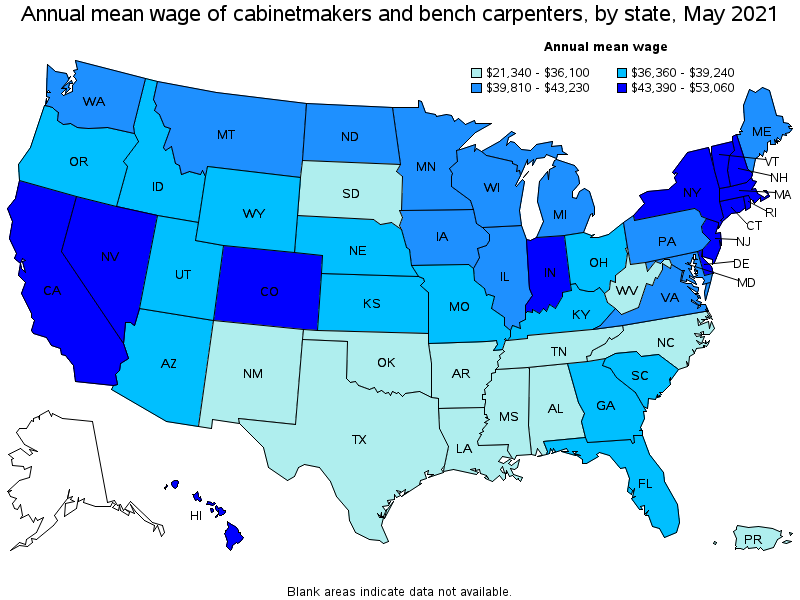 Map of annual mean wages of cabinetmakers and bench carpenters by state, May 2021