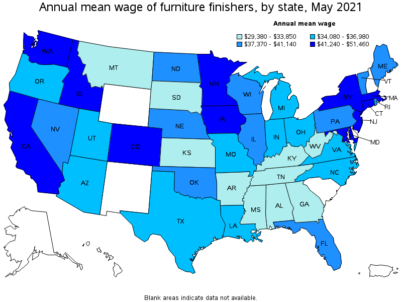 Map of annual mean wages of furniture finishers by state, May 2021