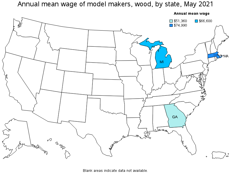 Map of annual mean wages of model makers, wood by state, May 2021