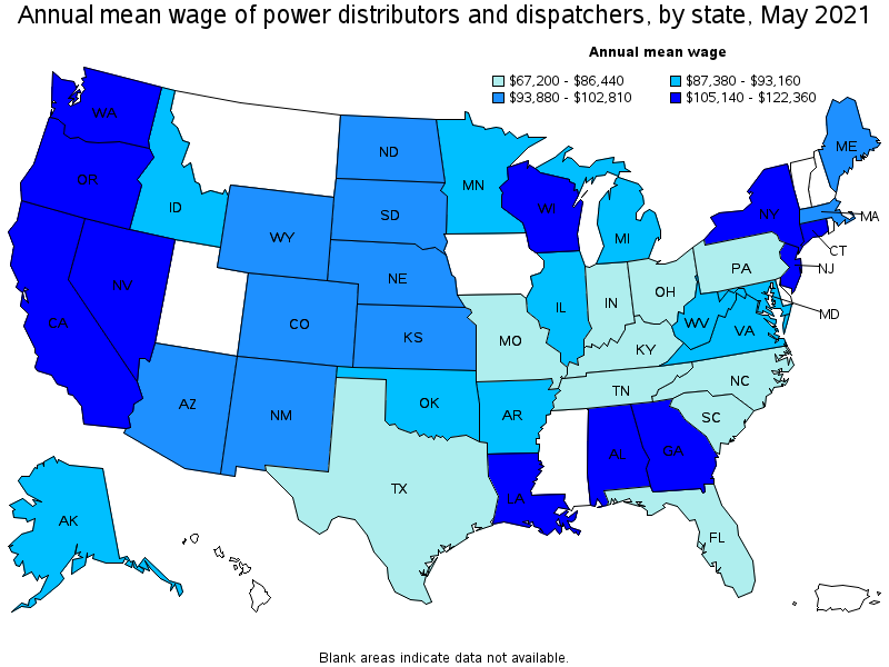 Map of annual mean wages of power distributors and dispatchers by state, May 2021