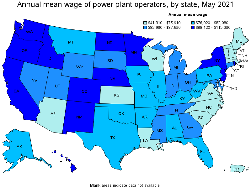 Map of annual mean wages of power plant operators by state, May 2021