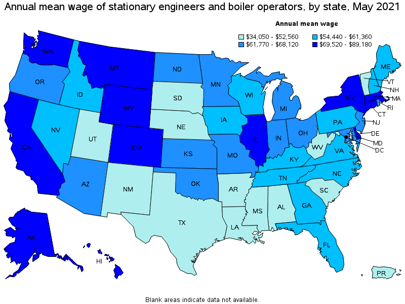 Map of annual mean wages of stationary engineers and boiler operators by state, May 2021