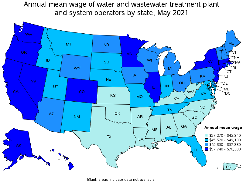 Map of annual mean wages of water and wastewater treatment plant and system operators by state, May 2021