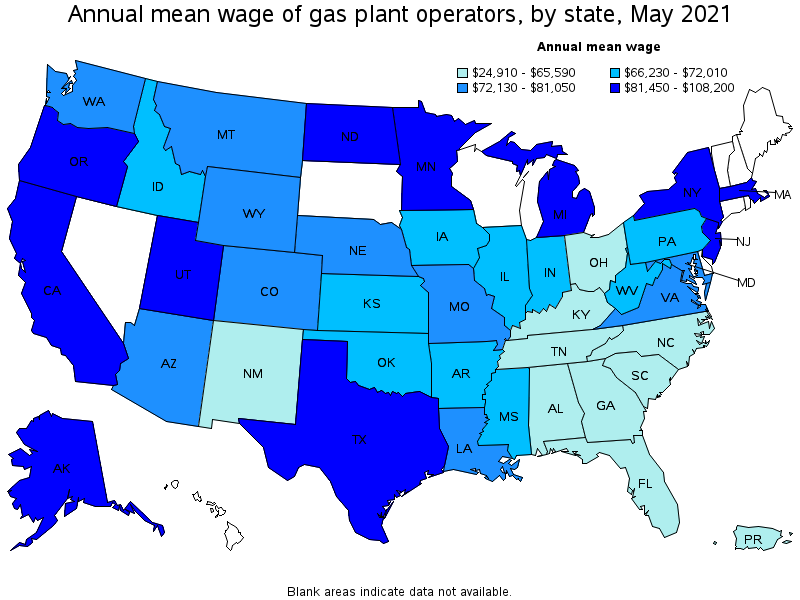 Map of annual mean wages of gas plant operators by state, May 2021