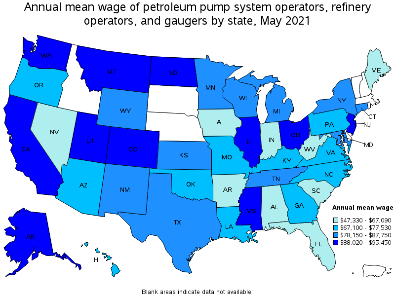 Map of annual mean wages of petroleum pump system operators, refinery operators, and gaugers by state, May 2021