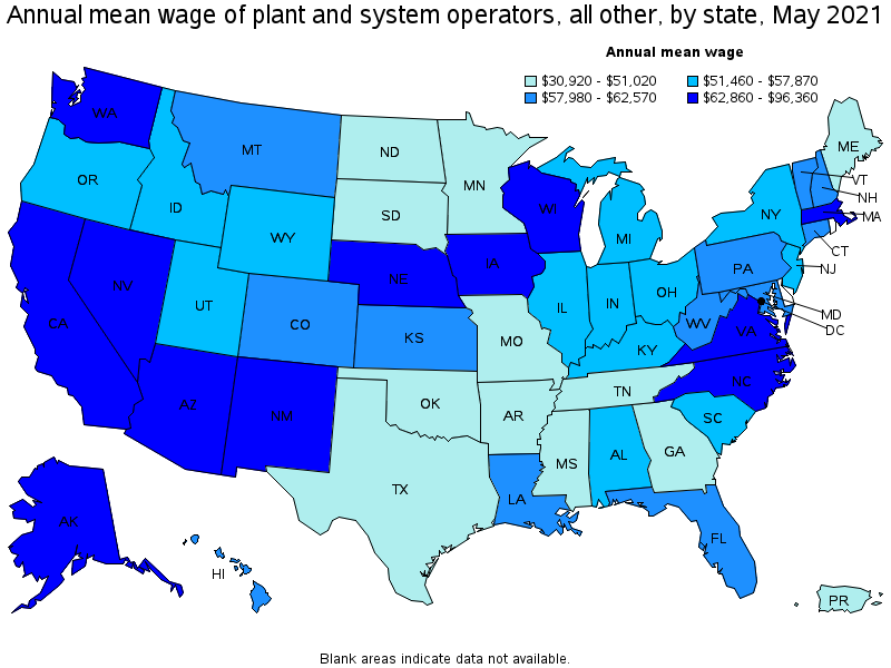 Map of annual mean wages of plant and system operators, all other by state, May 2021
