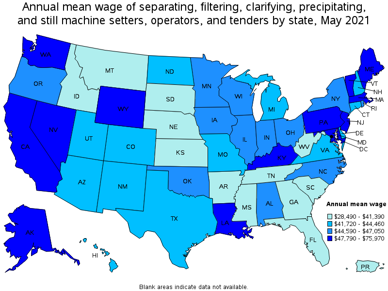 Map of annual mean wages of separating, filtering, clarifying, precipitating, and still machine setters, operators, and tenders by state, May 2021