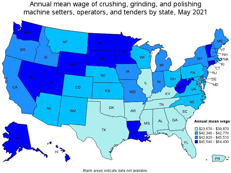 Map of annual mean wages of crushing, grinding, and polishing machine setters, operators, and tenders by state, May 2021