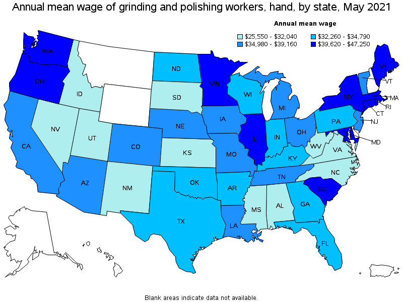 Map of annual mean wages of grinding and polishing workers, hand by state, May 2021