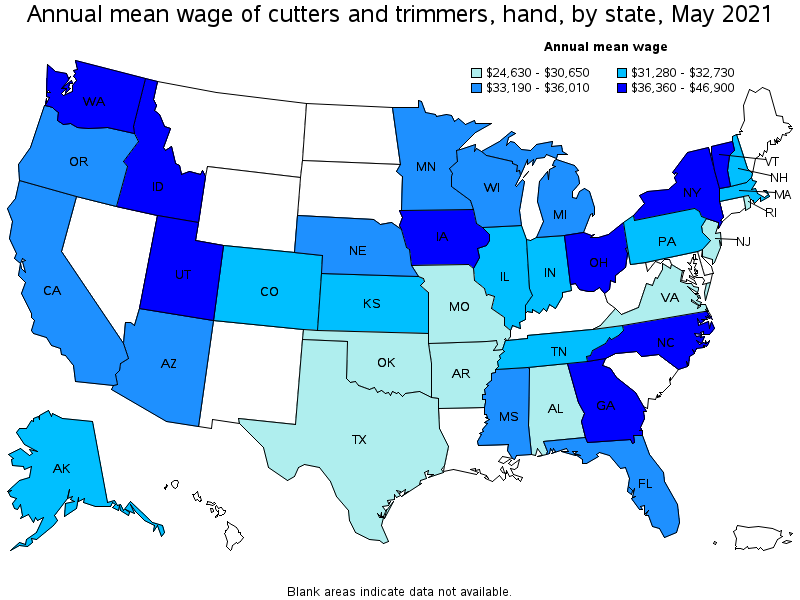 Map of annual mean wages of cutters and trimmers, hand by state, May 2021