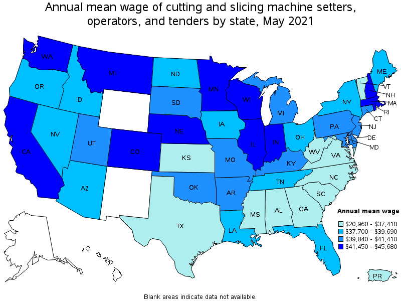 Map of annual mean wages of cutting and slicing machine setters, operators, and tenders by state, May 2021